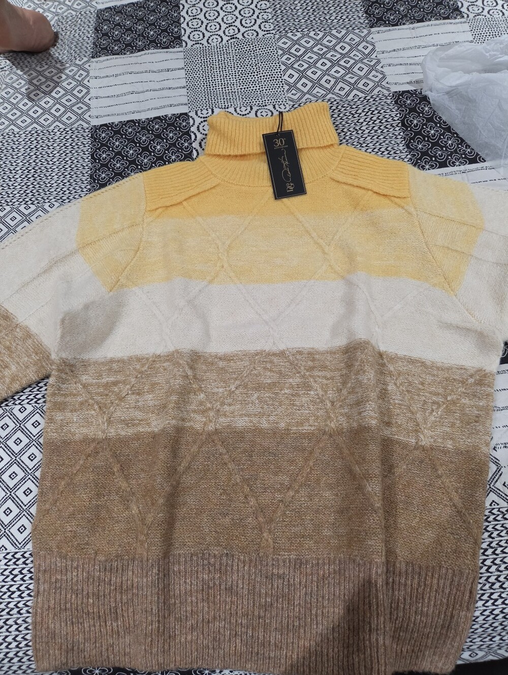 Diane Gilman Striped Cowl Neck Sweater in Yellow, Cream & Brown